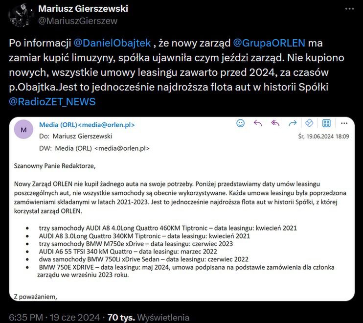 Ujawniona lista aut zakupiona przez poprzedni zarząd Orlenu