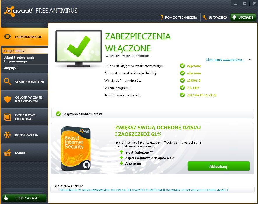 Interfejs programu Avast 7