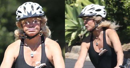 Cyklistka Goldie Hawn prezentuje WYDATNE USTA podczas rowerowego rajdu po osiedlu (ZDJĘCIA)
