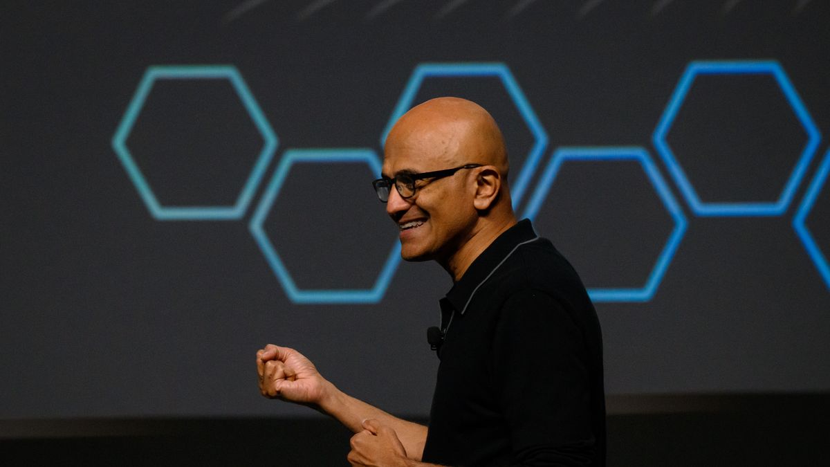 SYDNEY, AUSTRALIA - APRIL 23: Chairman and CEO of Microsoft Satya Nadella speaks on stage during the Microsoft AI Tour at TikTok Entertainment Centre on April 23, 2026 in Sydney, Australia. Nadella, making his first visit to Australia since 2019, addressed business leaders, developers, and government representatives at the Microsoft AI Tour in Sydney on April 23, outlining a vision for Australia to become a critical hub for AI innovation rather than simply a consumer market for Microsoft's products. (Photo by George Chan/Getty Images)