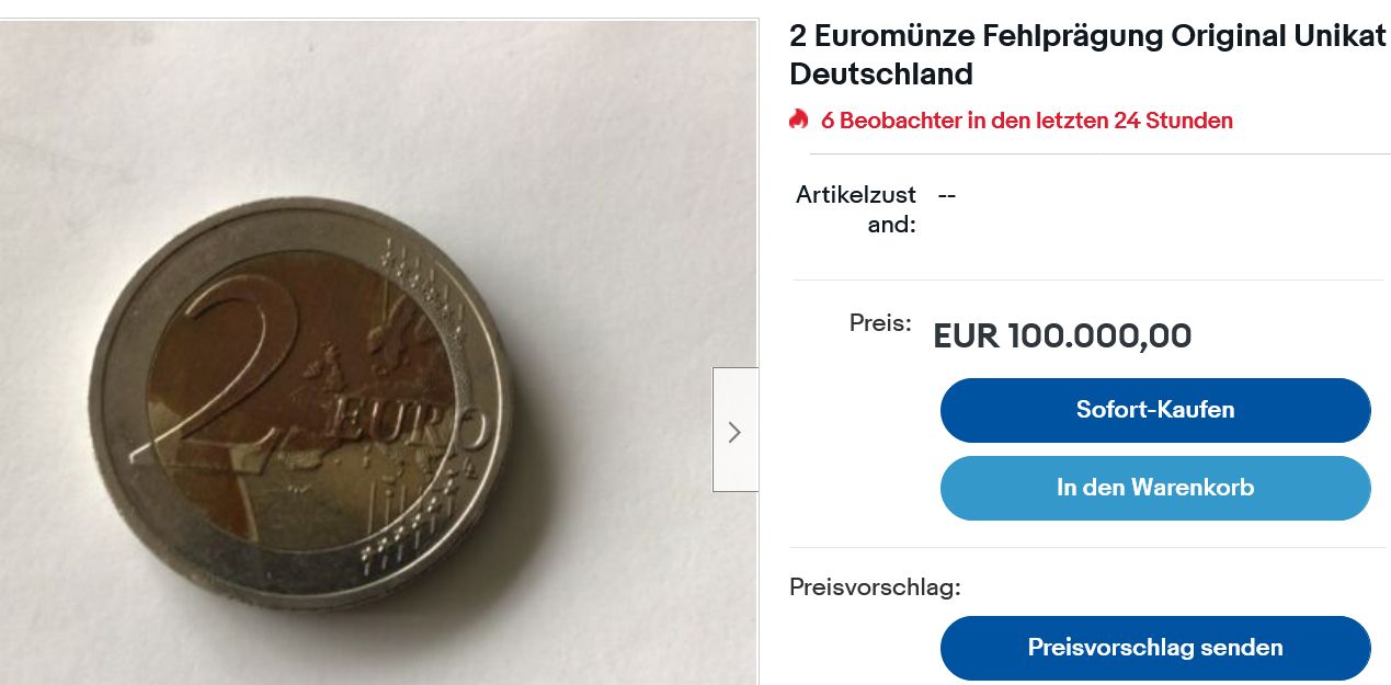 Moneta 2 euro wystawiona za 100 tys. euro