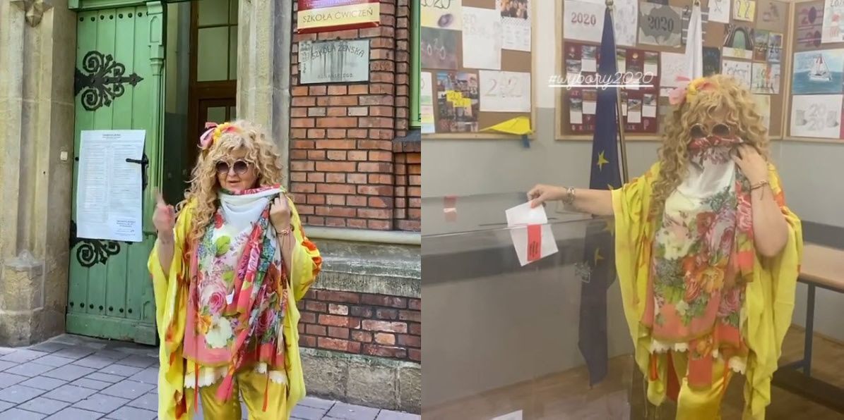 Egzotyczna Magda Gessler skryta za chustą zachęca do głosowania