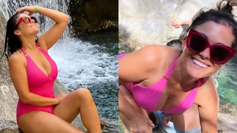 Różowa Katarzyna Cichopek na tle wodospadu