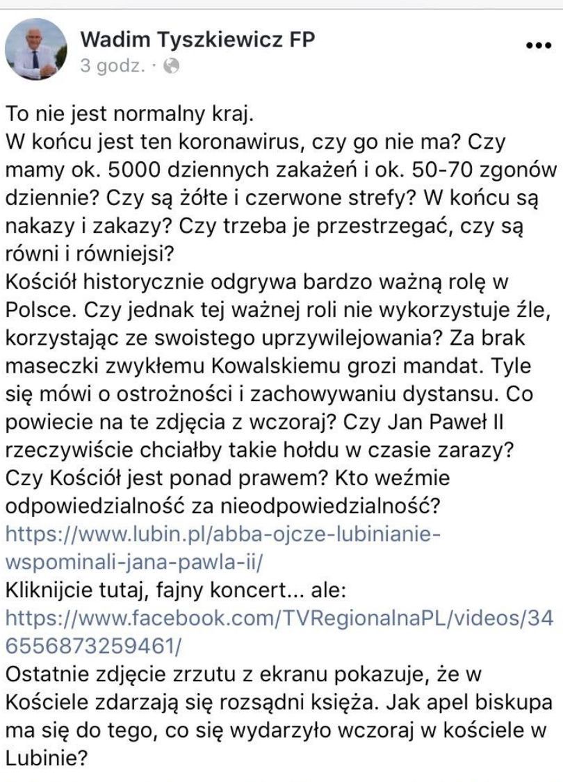Senator Wadim Tyszkiewicz oburzony koncertem z okazji Dnia Papieskiego