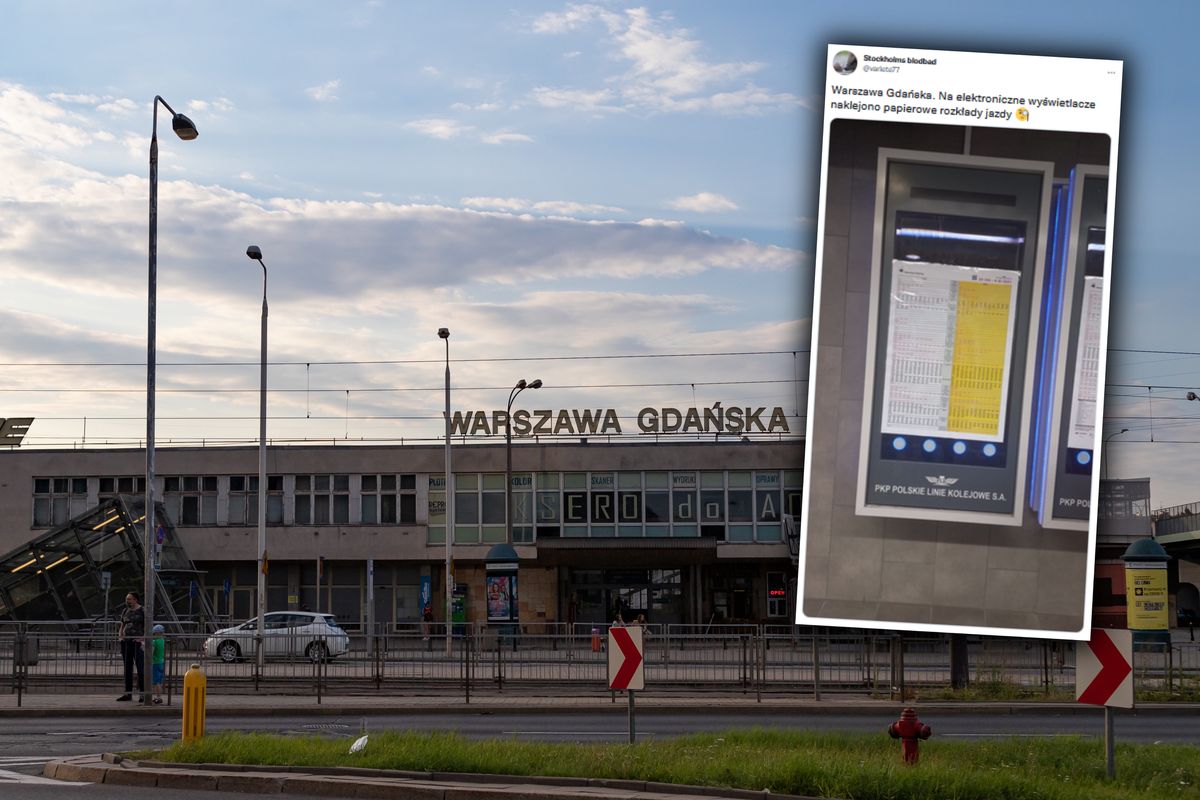 Warszawa Gdańska. Na wyświetlaczach przyklejono papierowe rozkłady 