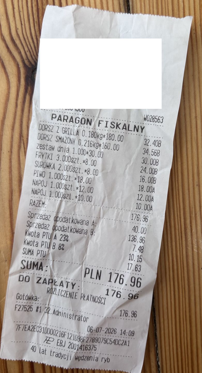Paragon za obiad we Władysławowie.