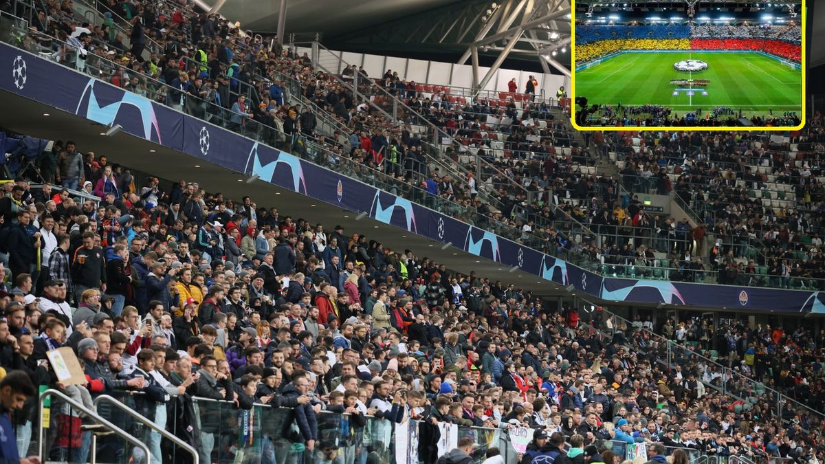 Wypełniony stadion na Legii na meczu Szachtar - Real i przedmeczowa oprawa