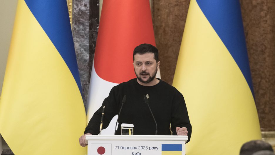 Ukraine's President Volodymyr Zelenskiy is holding a news conference in Kyiv, Ukraine on March 21, 2023, amid Russia's attack on Ukraine. (Photo by Maxym Marusenko/NurPhoto via Getty Images)