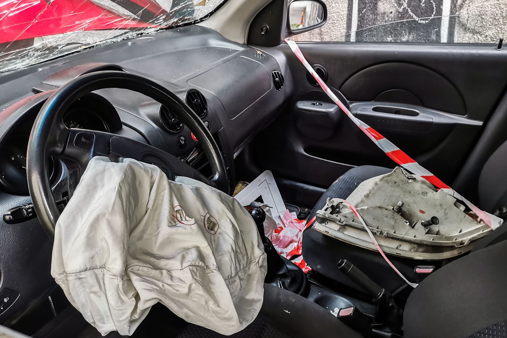 A deployed airbag is seen inside a car after a car accident. Krakow, Poland. June 21, 2022. (Photo by Beata Zawrzel/NurPhoto via Getty Images)