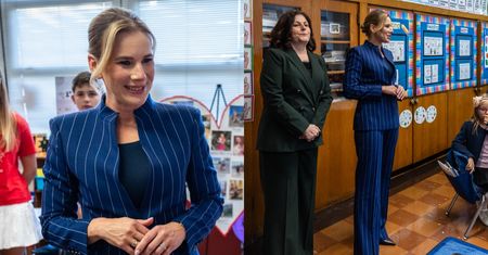 Marta Nawrocka podbija USA w PRĄŻKOWANYM GARNITURZE. W polskiej szkole rozdawała dzieciom autografy (ZDJĘCIA)
