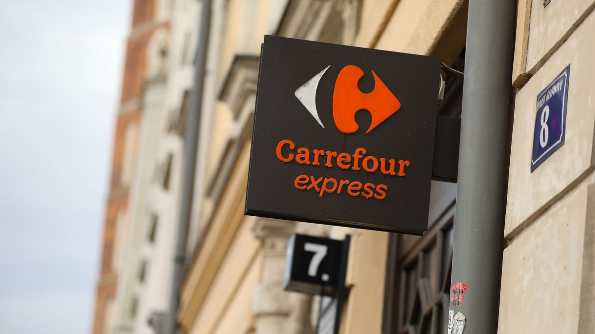 The Carrefour Express logo is seen on the street in Krakow, Poland, on August 1, 2025. (Photo by Klaudia Radecka/NurPhoto via Getty Images)