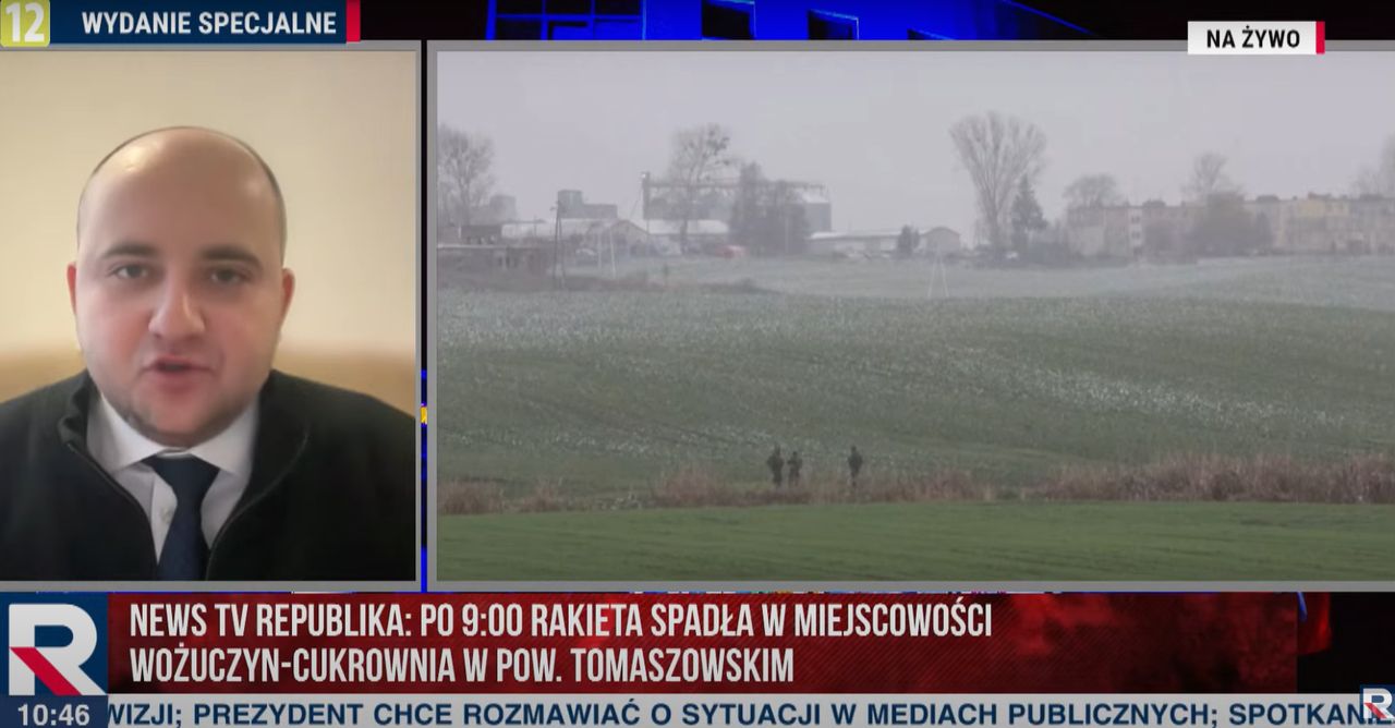 kadr z TV Republika, która twierdzi, że rakieta spadła na wieś w woj. lubelskim