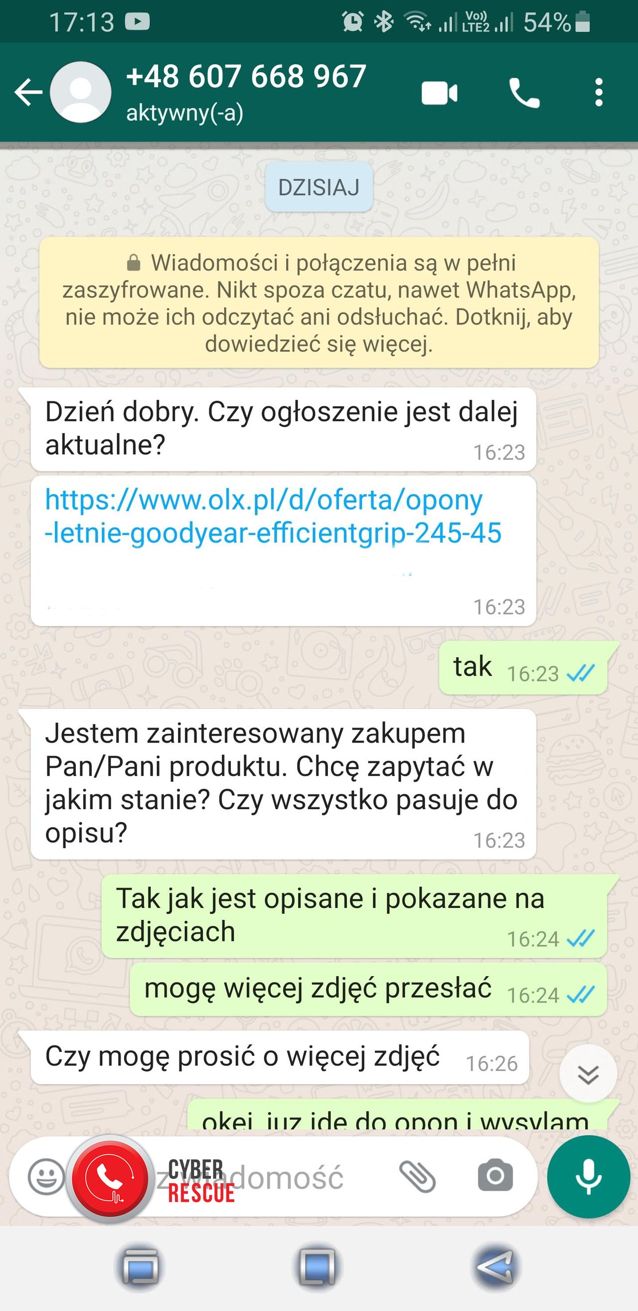 Przykład oszustwa "na OLX" z wykorzystaniem WhatsAppa 