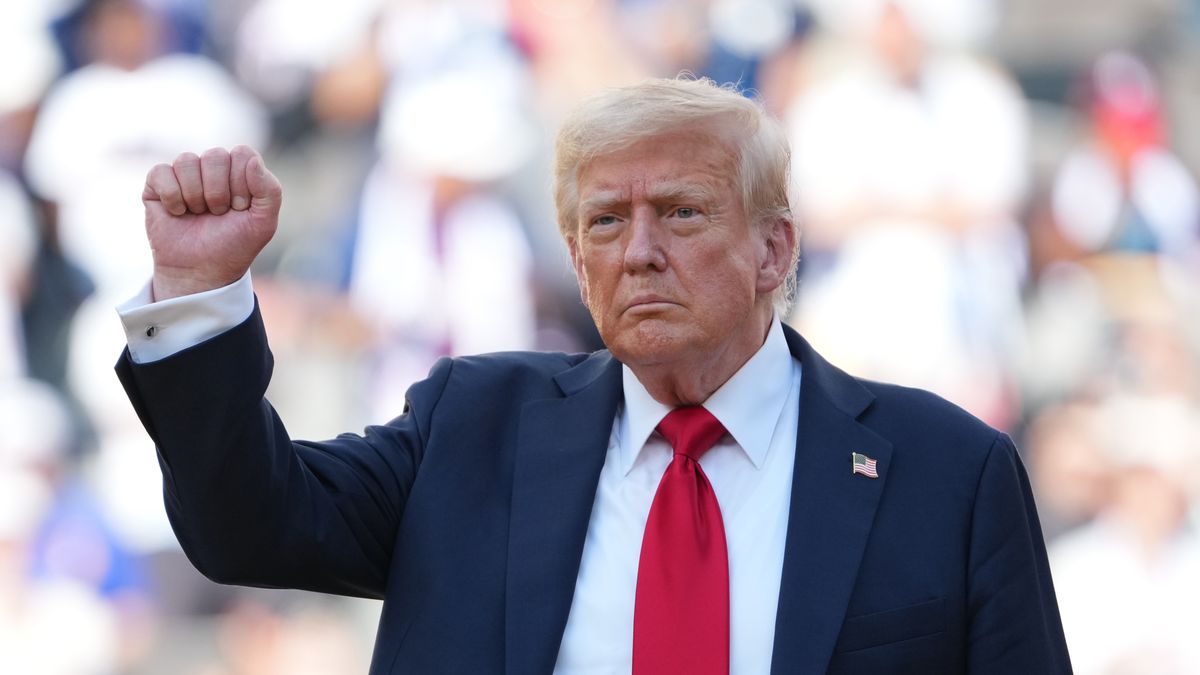 EAST RUTHERFORD, NEW JERSEY - JULY 13: U.S. President Donald Trump gestures during the award ceremony following the FIFA Club World Cup 2025 final match between Chelsea FC and Paris Saint-Germain at MetLife Stadium on July 13, 2025 in East Rutherford, New Jersey. (Photo by Etsuo Hara/Getty Images)