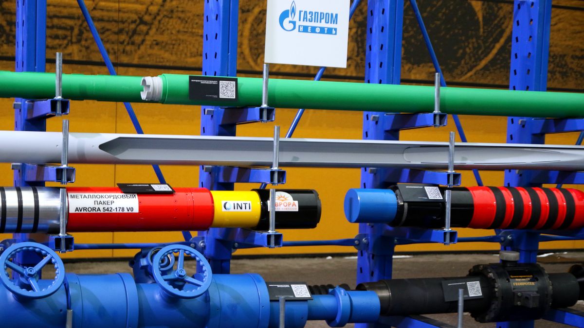 SAINT PETERSBURG, RUSSIA - 2023/10/31: View of the Gazprom Neft pipeline samples at the 12th St. Petersburg International Gas Forum (PMGF 2023) in St. Petersburg. (Photo by Maksim Konstantinov/SOPA Images/LightRocket via Getty Images)