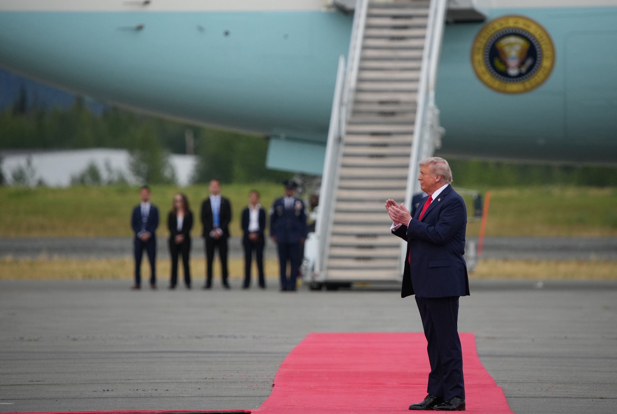 ANCHORAGE, ALASKA - AUGUST 15: U.S. President Donald Trump arrives at Joint Base Elmendorf-Richardson on August 15, 2025 in Anchorage, Alaska. President Trump is meeting with Russian President Vladimir Putin for peace talks aimed at ending the war in Ukraine. (Photo by Andrew Harnik/Getty Images)