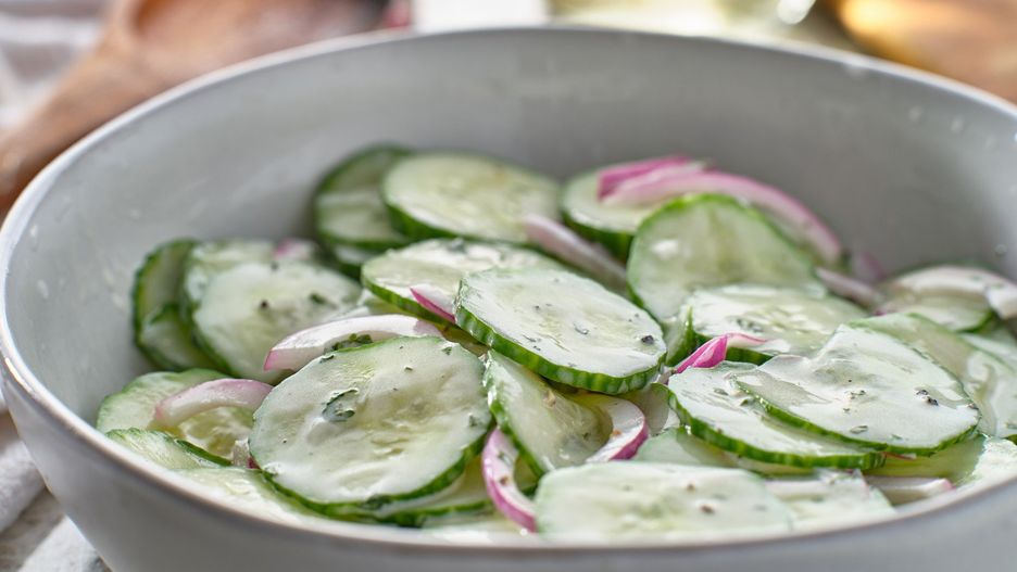creamy cucumber salad with greek tzatziki sauce and onions