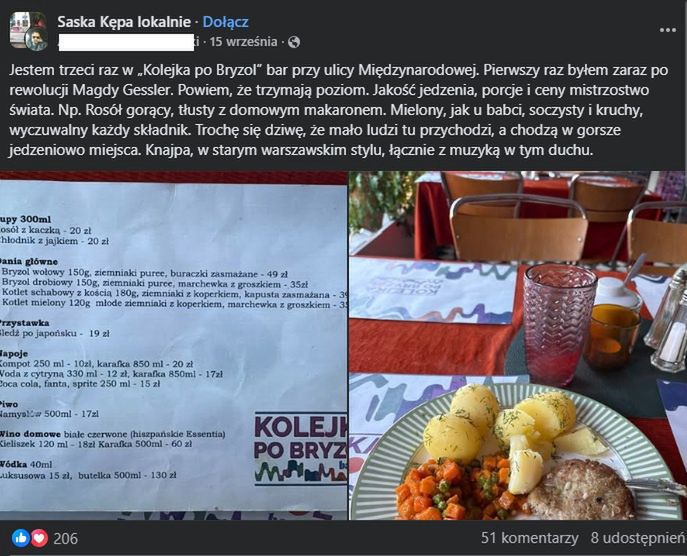 Wpis na grupie "Saska Kępa lokalnie" na Facebooku