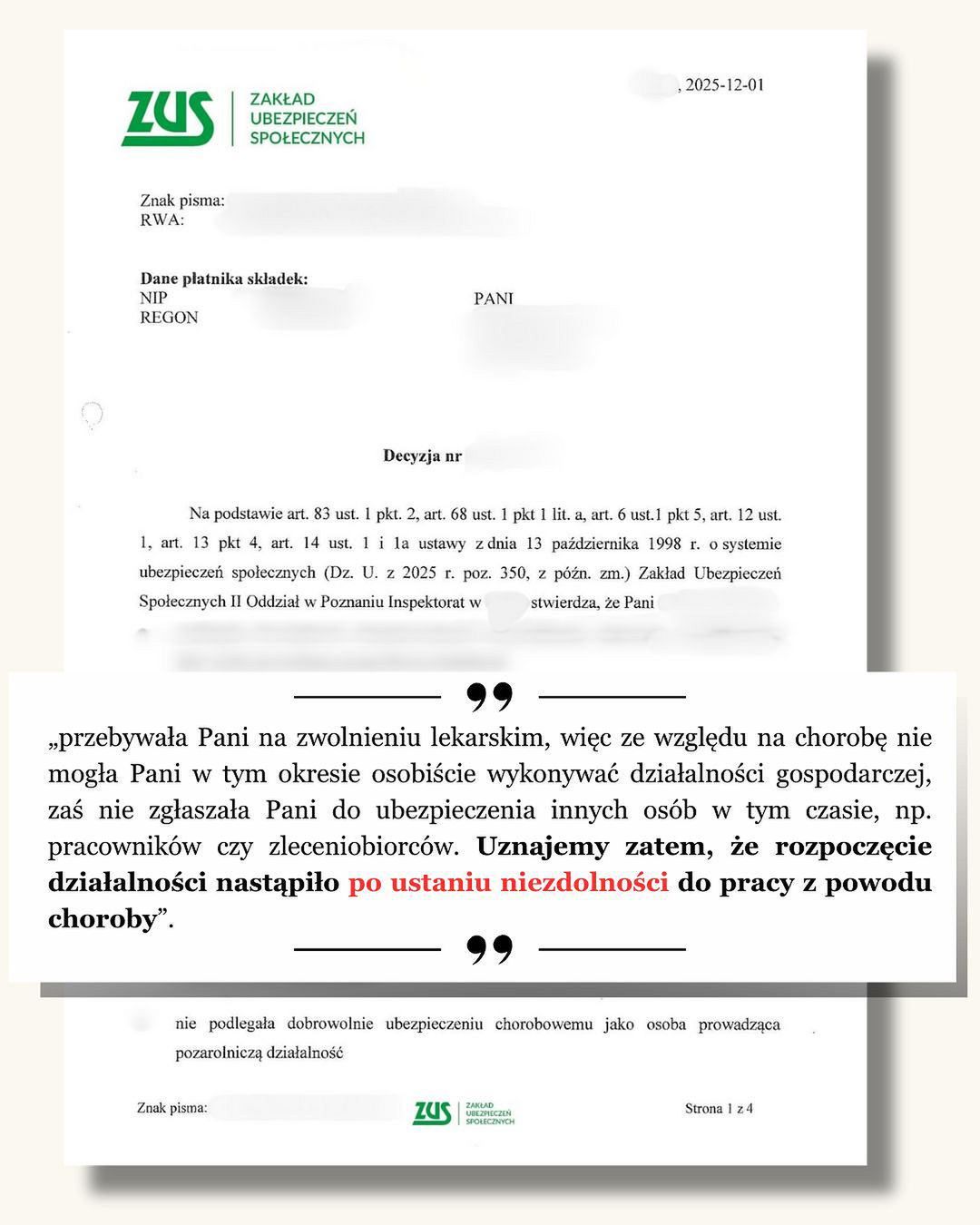 Pismo, które pani Ewa otrzymała z ZUS