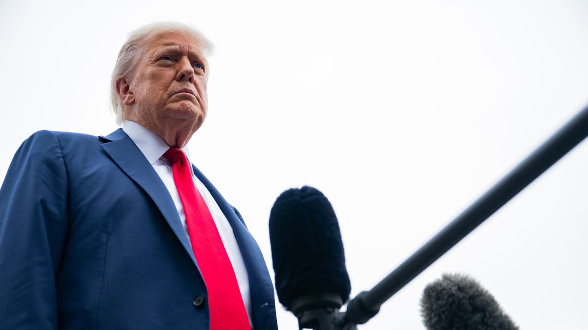 WASHINGTON, DC - JUNE 15: President Donald Trump speaks to the press as he departs the White House on the South Lawn of the White House on June 15, 2025 in Washington, DC. President Trump will be attending the G7 Summit with other world leaders in Alberta. (Photo by Annabelle Gordon for The Washington Post via Getty Images)