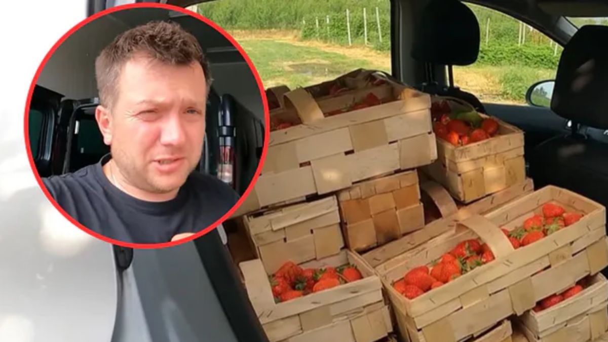 Mężczyzna jest oburzony. W Kraśniku na rynku truskawki po 5 zł. 