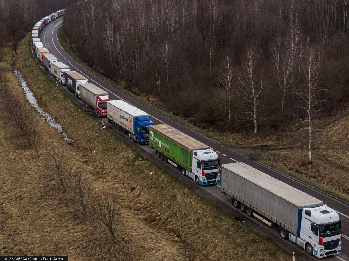 Ukraińskie ciężarówki przed polską granicą (Dorohusk).
