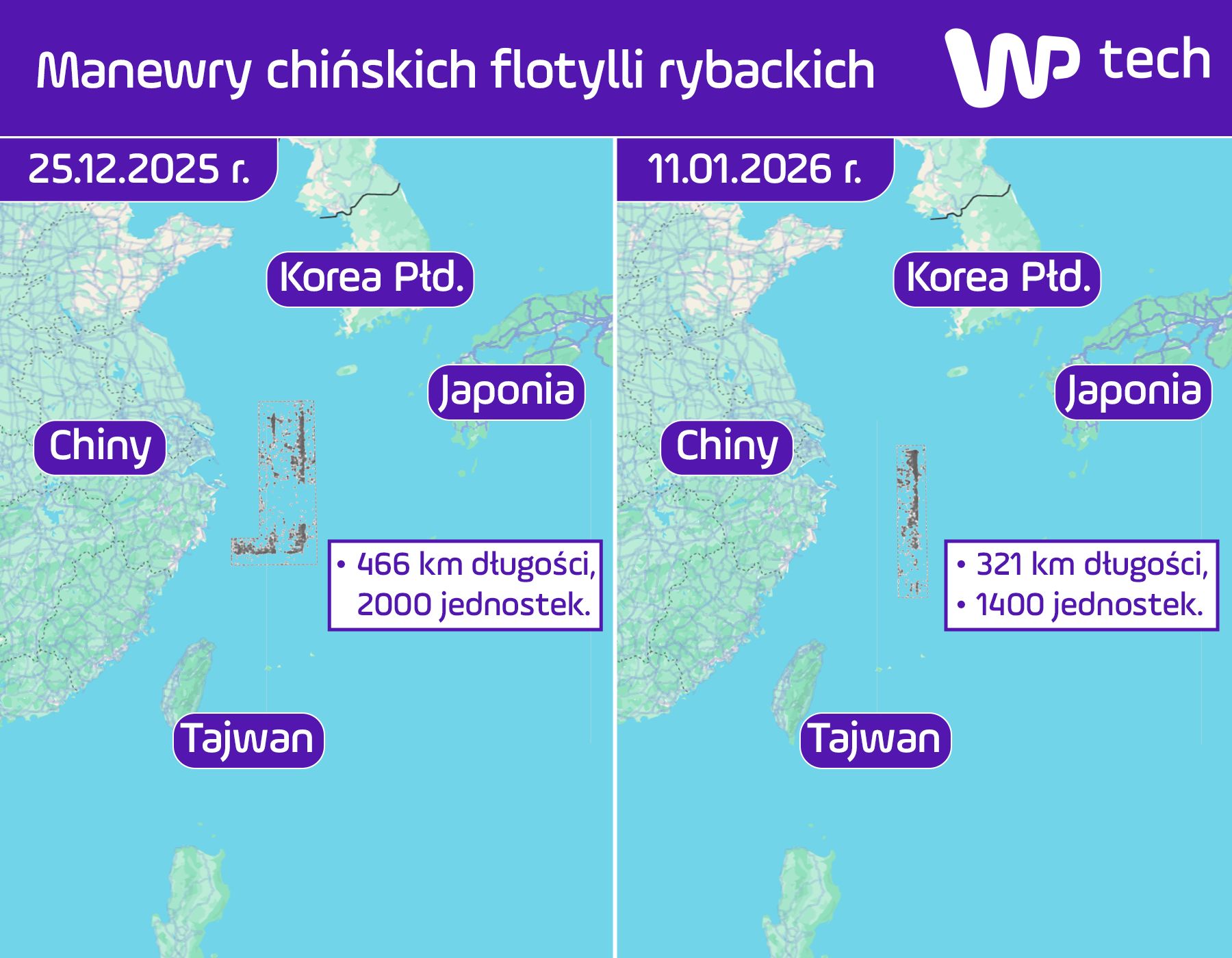 Chińskie statki rybackie stworzyły na morzu wielkie formacje