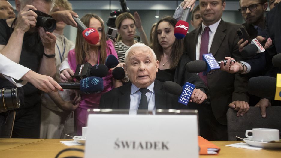Jaroslaw Kaczynski is being seen during a meeting of the investigative committee on envelope elections in Warsaw, Poland, on May 24, 2024. (Photo by Maciej Luczniewski/NurPhoto via Getty Images)