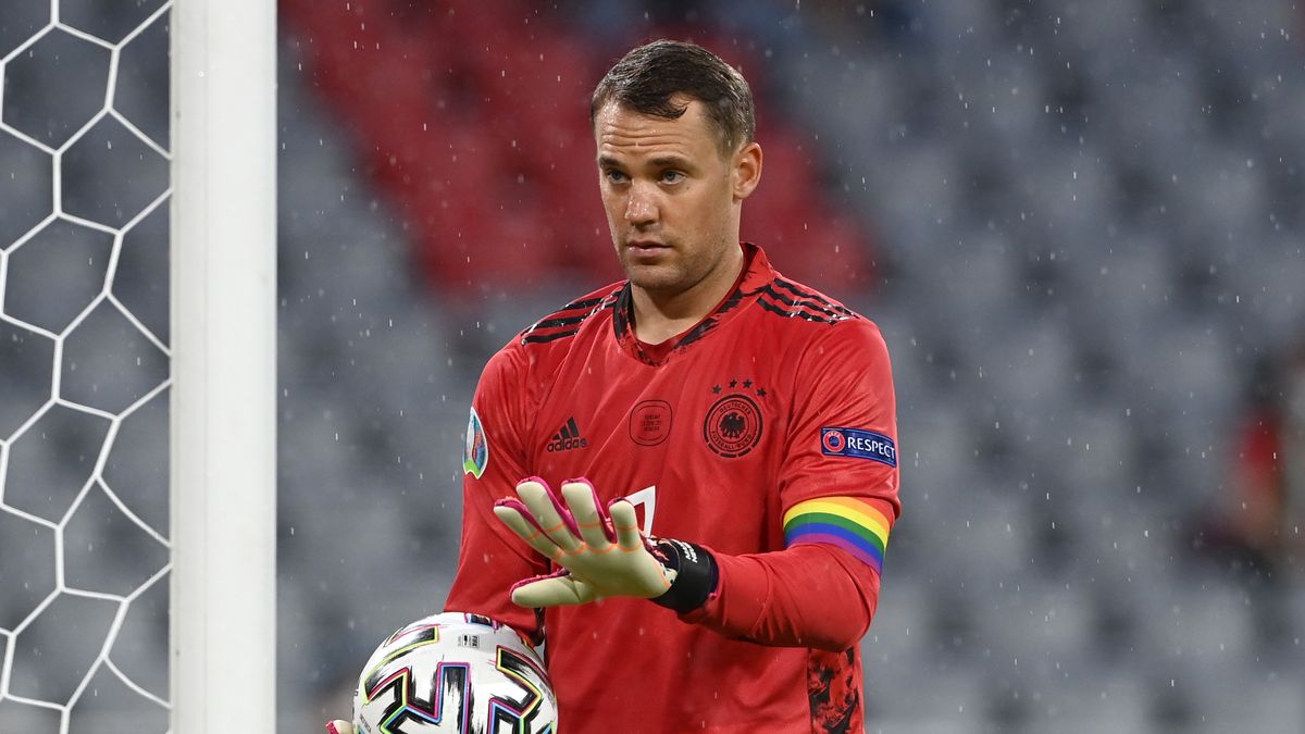 MUNICH, GERMANY - JUNE 23: Manuel Neuer of Germany reacts as he wears a rainbow armband during the UEFA Euro 2020 Championship Group F match between Germany and Hungary at Allianz Arena on June 23, 2021 in Munich, Germany. (Photo by Christof Stache - Pool/Getty Images)