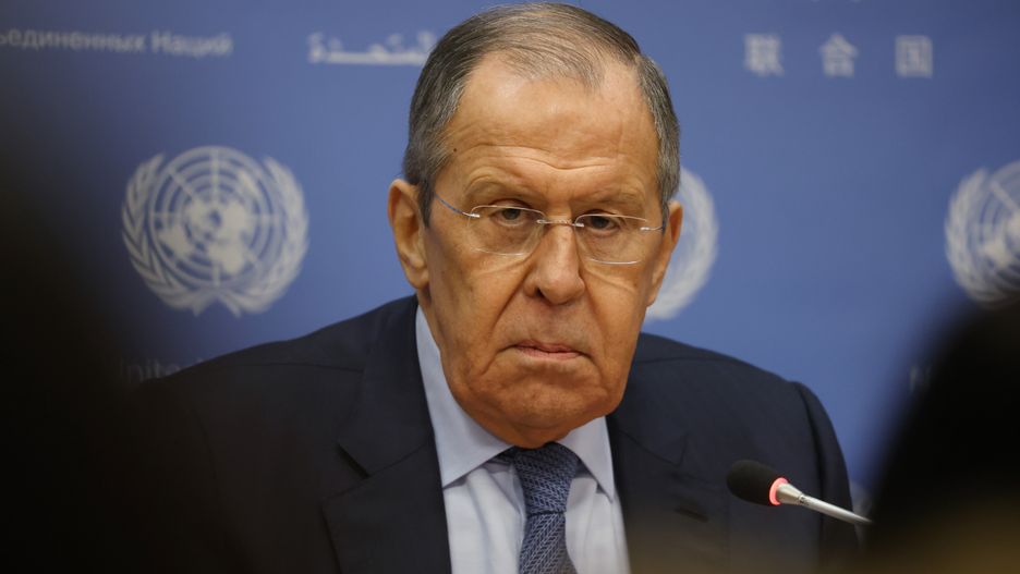 NEW YORK, NEW YORK - APRIL 25: Russian Foreign Minister Sergey Lavrov speaks to the media at a news conference at the  United Nations (U.N.) headquarters on April 25, 2023 in New York City. Russia was criticized by numerous U.N. members yesterday for its ongoing war in Ukraine during a Security Council meeting which was chaired by Russian Foreign Minister Lavrov. (Photo by Spencer Platt/Getty Images)