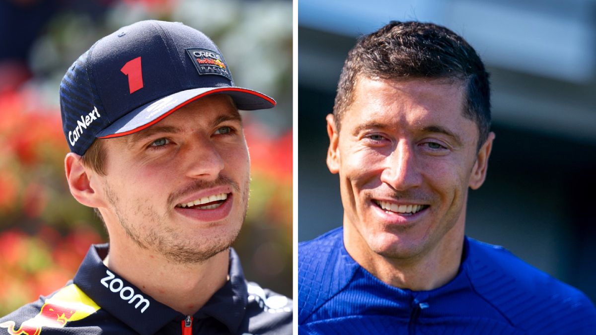 Materiały prasowe / Red Bull / FC Barcelona / Na zdjęciu: Max Verstappen (po lewej) i Robert Lewandowski