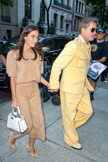 NEW YORK, NY - SEPTEMBER 09: Ines de Ramon and Brad Pitt are seen on September 09, 2024 in New York City.  (Photo by METROPOLIS/Bauer-Griffin/GC Images)