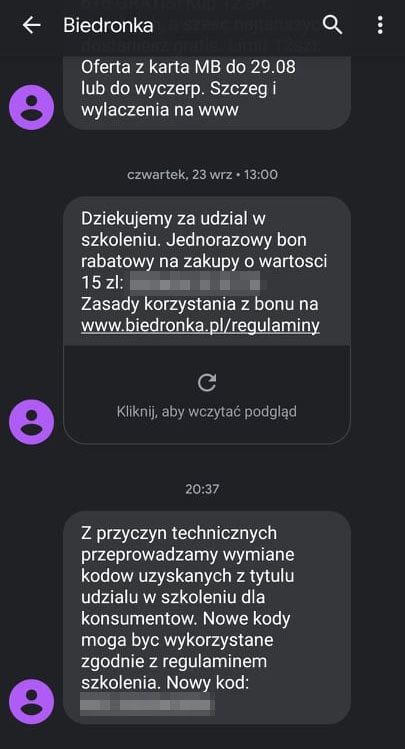 Wiadomość SMS od Biedronka dotycząca akcji wymiany bonów