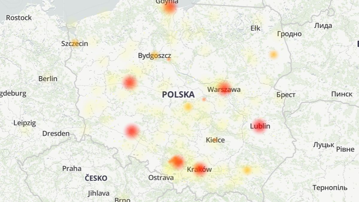 Geograficzny rozkład zgłoszeń awarii Facebooka