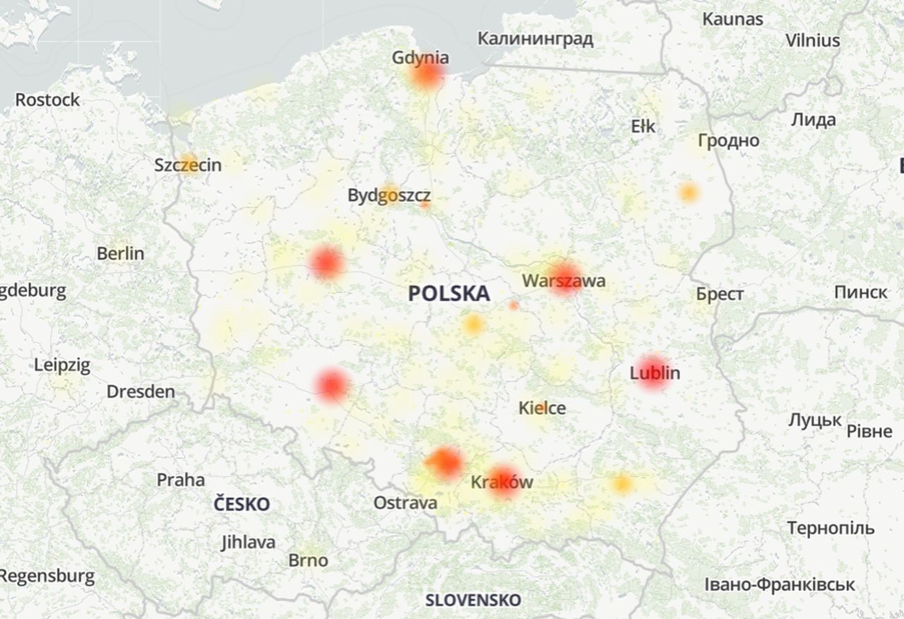 Geograficzny rozkład zgłoszeń awarii Facebooka