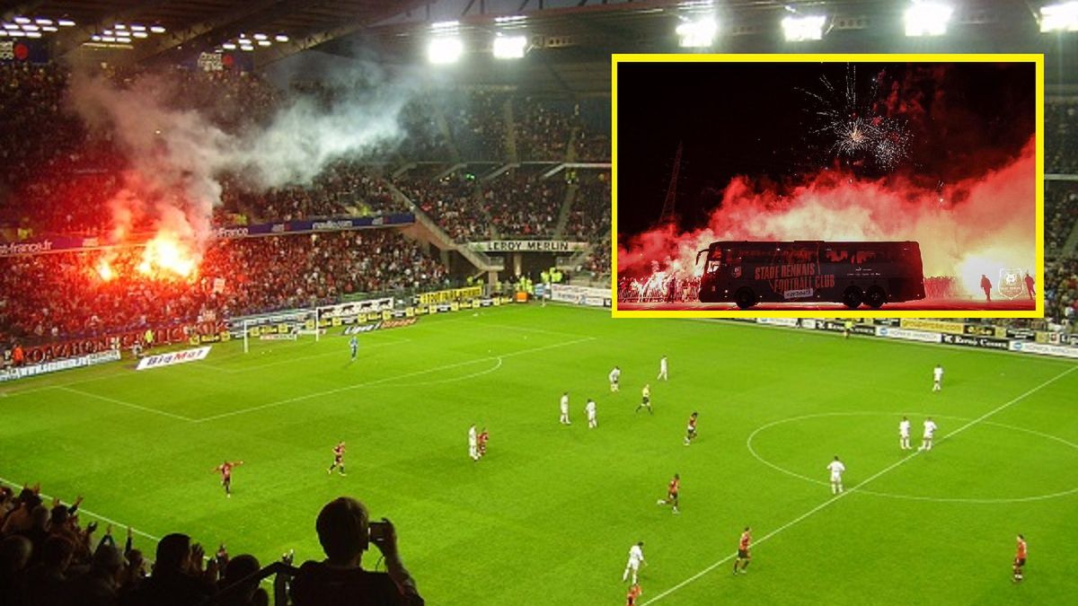 Autokar z piłkarzami Rennes przed meczem