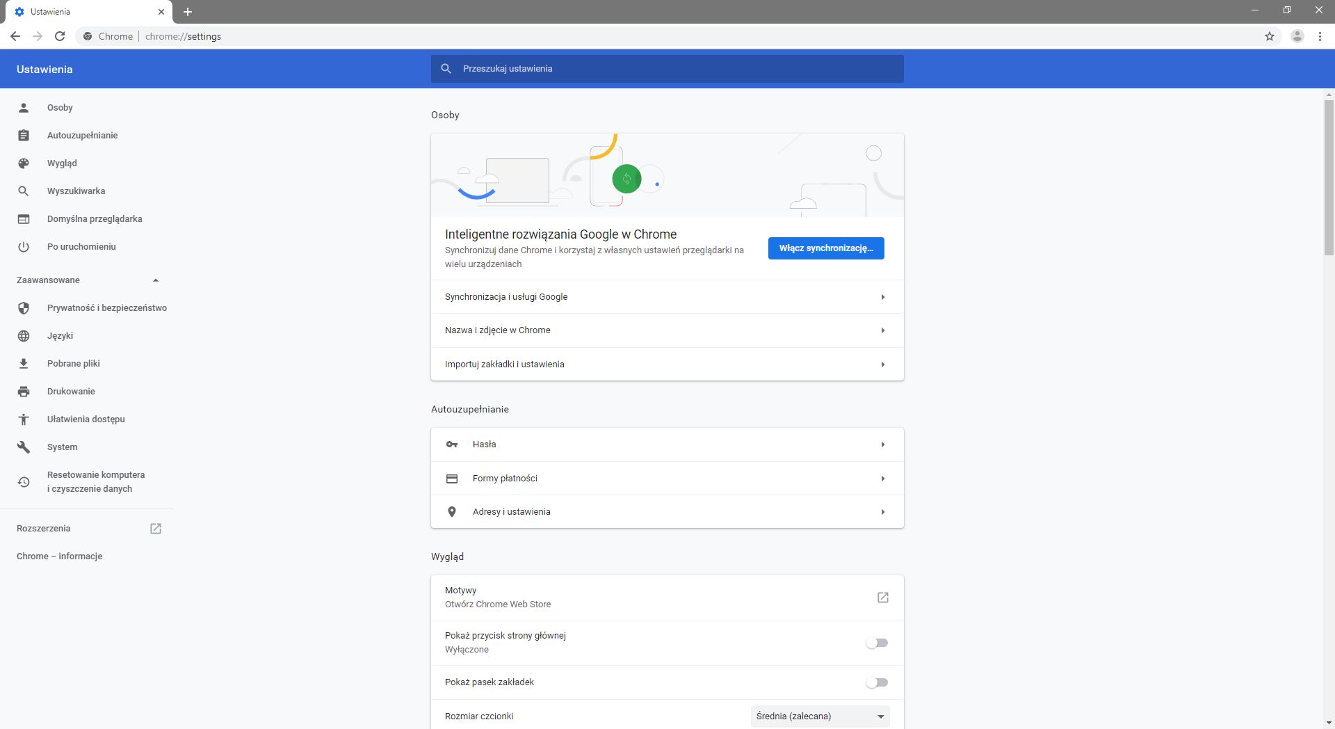 Nowy interfejs ustawień w Chrome Canary.