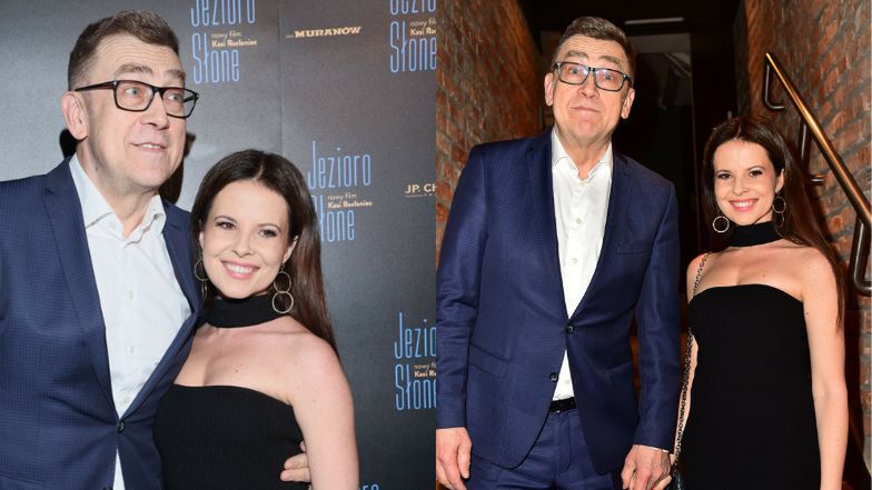 Maciej Orłoś obejmuje młodszą o 22 lata Paulinę Koziejowską na premierze filmu