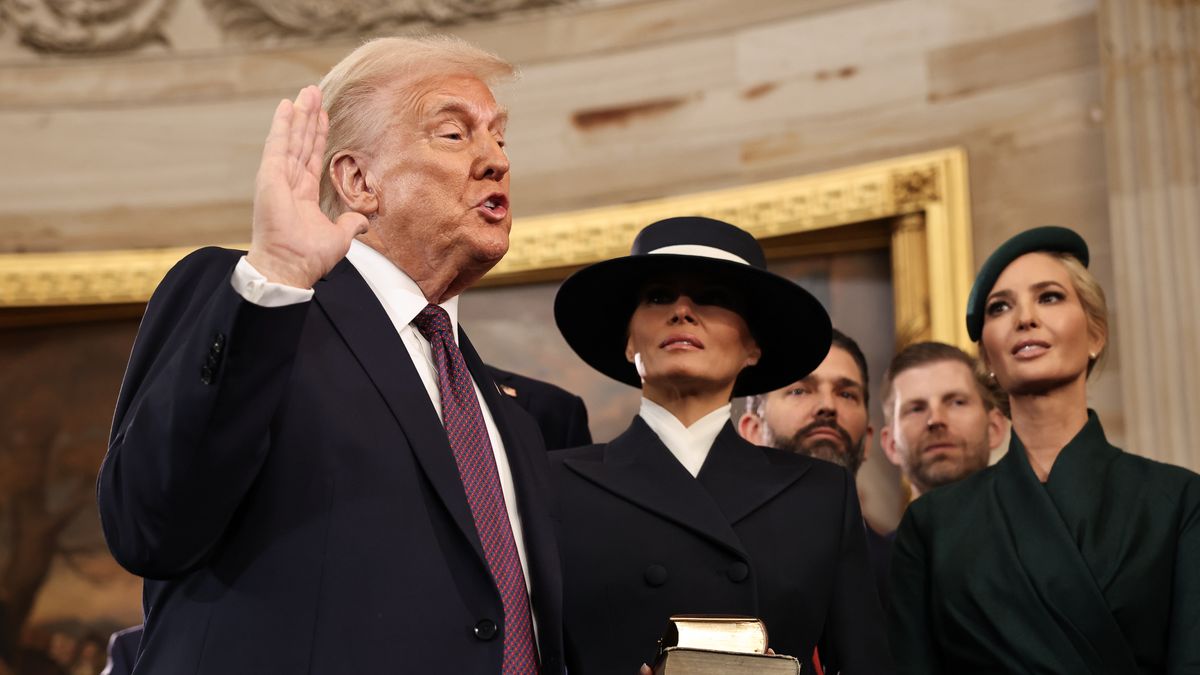 WASHINGTON, DC - JANUARY 20: U.S. President-elect Donald Trump takes the oath of office as Melania Trump, Ivanka Trump, Donald Trump Jr. and Eric Trump look on during inauguration ceremonies in the Rotunda of the U.S. Capitol on January 20, 2025 in Washington, DC. Donald Trump takes office for his second term as the 47th president of the United States. (Photo by Chip Somodevilla/Getty Images)