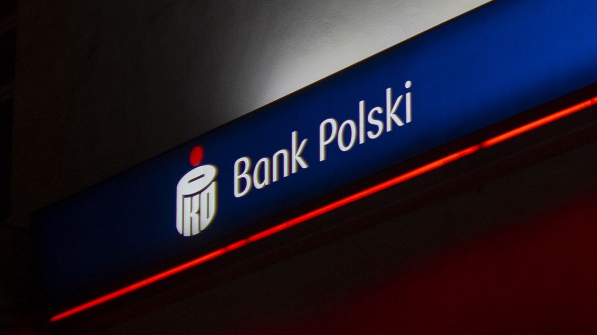 The PKO Bank Polski sign is seen lit up at night at a branch in Warsaw, Poland on 17 October, 2023. (Photo by Jaap Arriens/NurPhoto via Getty Images)