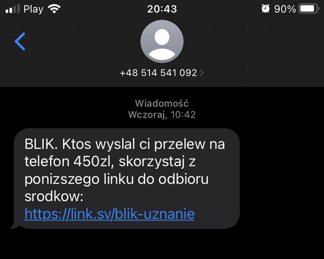 Fałszywy SMS o rzekomym przelewie przez Blika