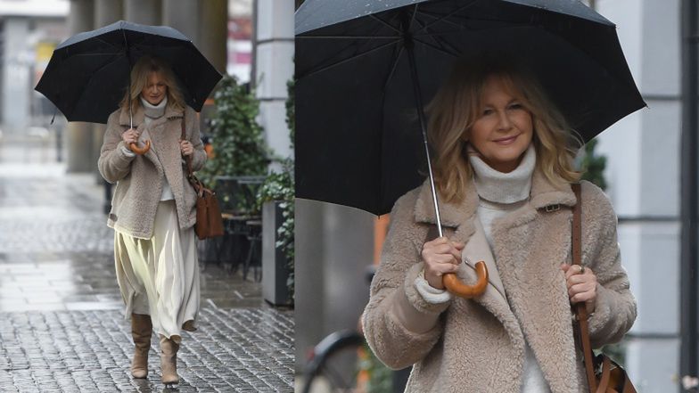 Grażyna Torbicka walczy z wiatrem na Marszałkowskiej 