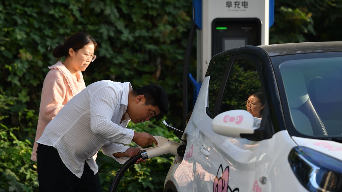 Electric vehicles are charged at a street charging station in Fuyang, China, on October 30, 2024. (Photo by Costfoto/NurPhoto via Getty Images)