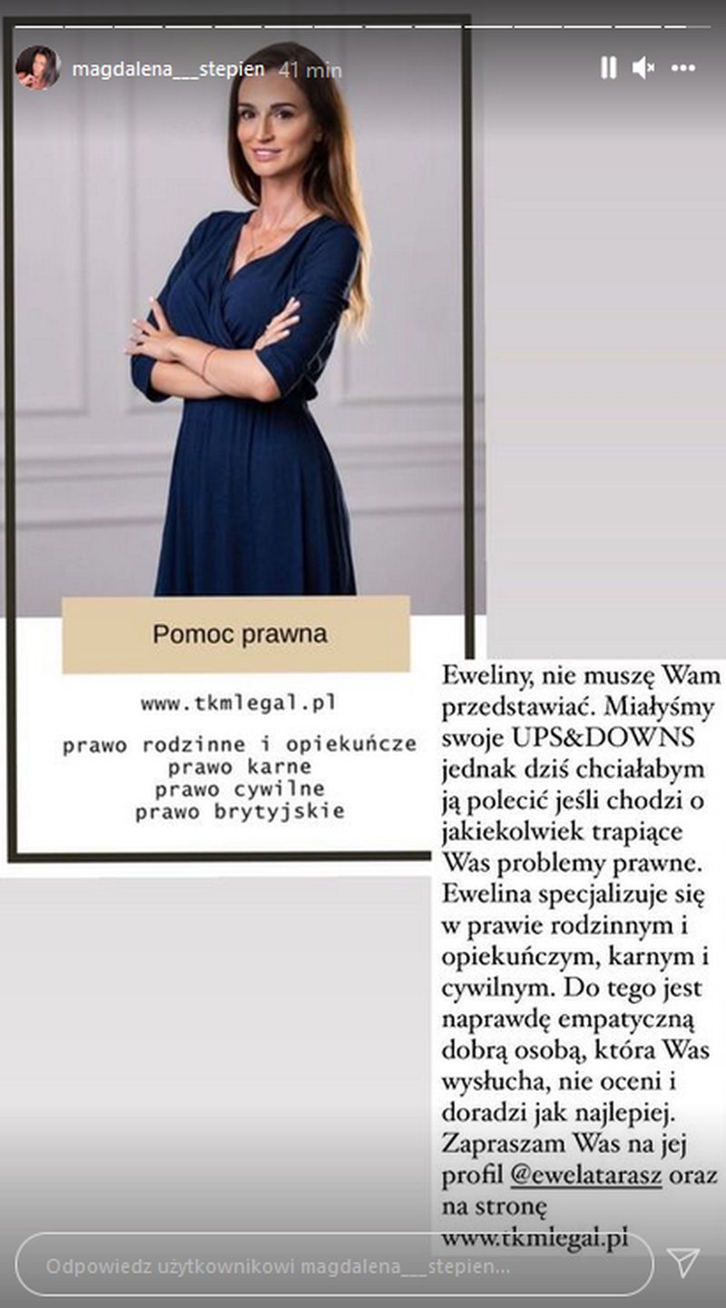 Magdalena Stępień reklamuje usługi prawnicze matki dziecka Jakuba Rzeźniczaka