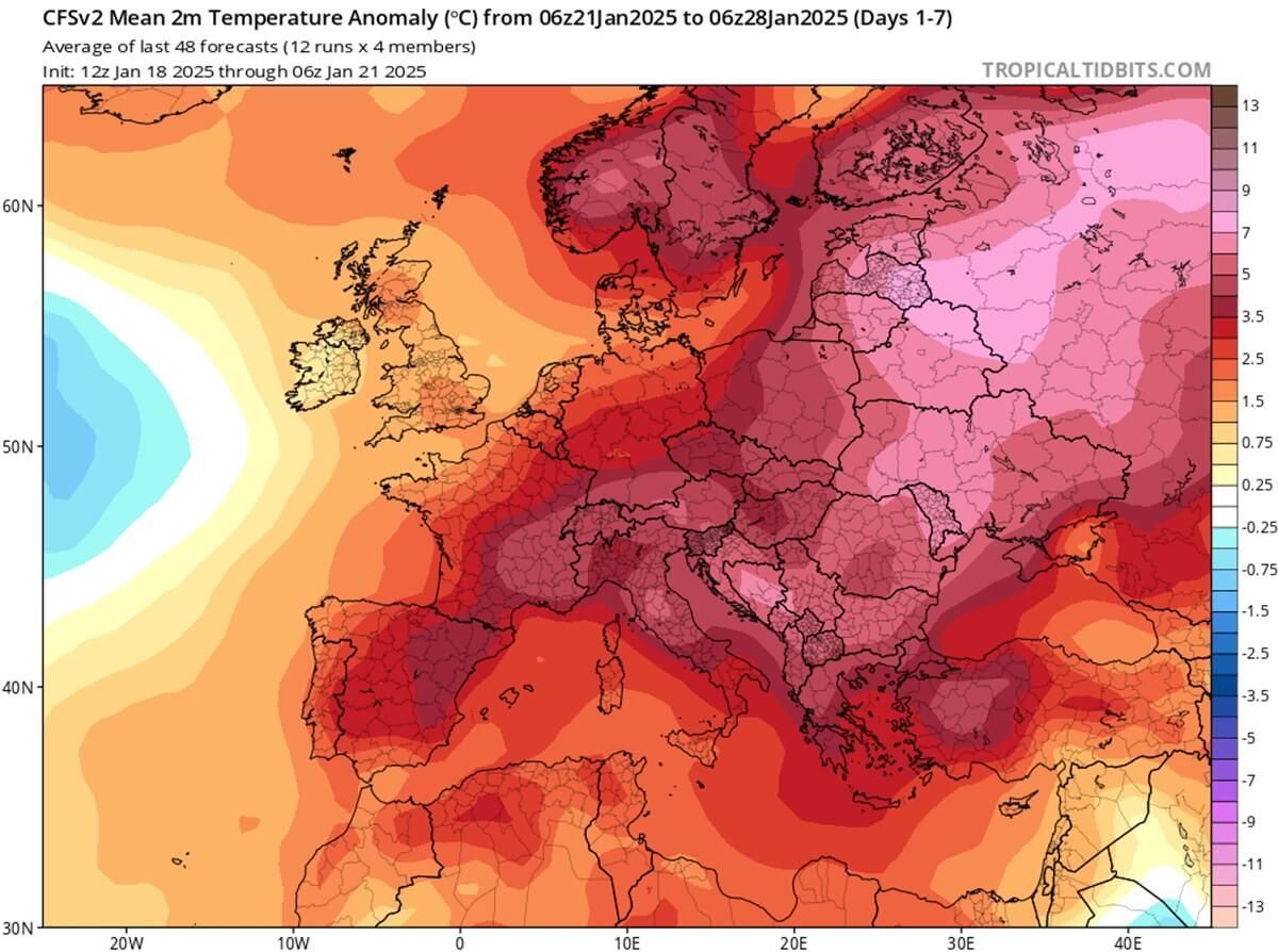 Mapa anomalii temperatury na wysokości 2 metrów w Europie w dniach 21–28 stycznia 2025. Czerwone i różowe odcienie wskazują na dodatnie odchylenia temperatury sięgające nawet 5°C i więcej w Polsce oraz Europie Środkowo-Wschodniej