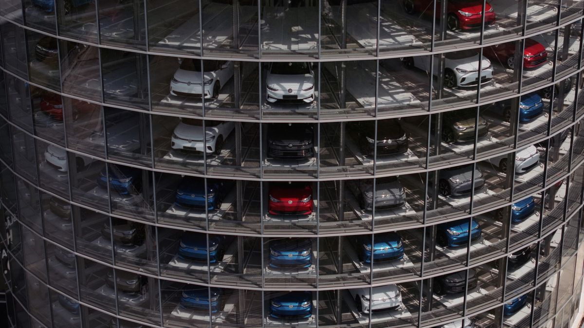 DRESDEN, GERMANY - MAY 14: In this aerial view new Volkswagen ID.3 electric cars sit stored in a glass tower at the Volkswagen plant on May 14, 2025 in Dresden, Germany. Volkswagen led sales of electric car sales in Germany that rose 54% overall in April compared to April of last year. (Photo by Sean Gallup/Getty Images)