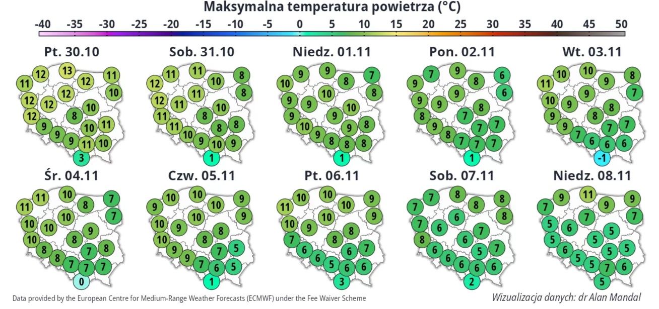 Maksymalne prognozowane temperatury powietrza.
