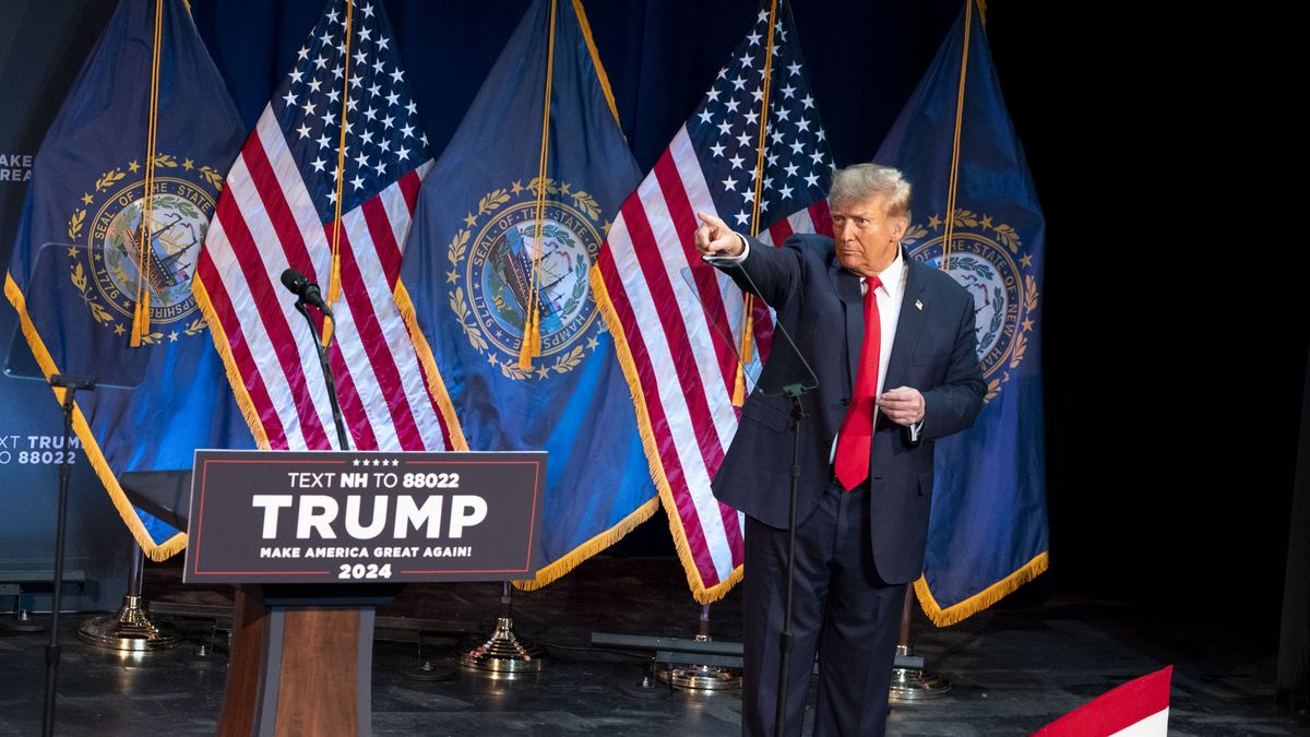 Former US President Donald Trump during a campaign event at Rochester Opera House in Rochester, New Hampshire, US, on Sunday, Jan. 21, 2024. Ron DeSantis dropped out of the 2024 US presidential race on Sunday and endorsed frontrunner Trump, narrowing the Republican field to two major candidates ahead of the closely watched New Hampshire primary on Tuesday. Photographer: Haiyun Jiang/Bloomberg via Getty Images