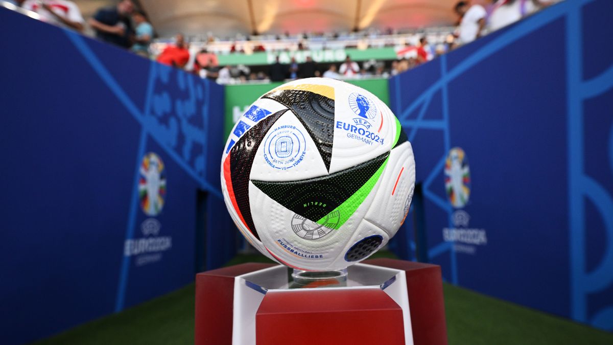 HAMBURG, GERMANY - JUNE 26: A detailed view of the EURO 2024 Adidas Fussballliebe Match Ball prior to the UEFA EURO 2024 group stage match between Czechia and Turkiye at Volksparkstadion on June 26, 2024 in Hamburg, Germany. (Photo by Stuart Franklin - UEFA/UEFA via Getty Images)