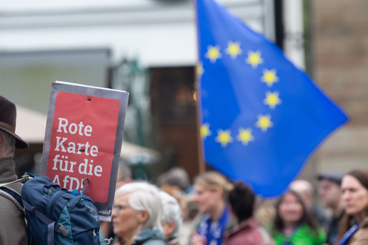 Hundreds of people are taking part in a demonstration against AfD ahead of the upcoming European elections in Wuppertal, Germany, on April 27, 2024. (Photo by Ying Tang/NurPhoto via Getty Images)